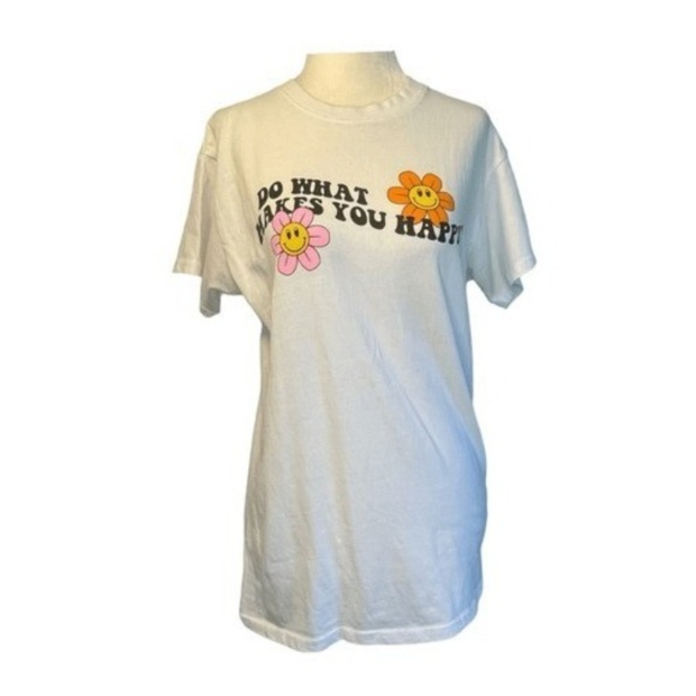 Brisco Brands Happy Flower Graphic Tee White‎ Cotton Crewneck Short Sleeve M